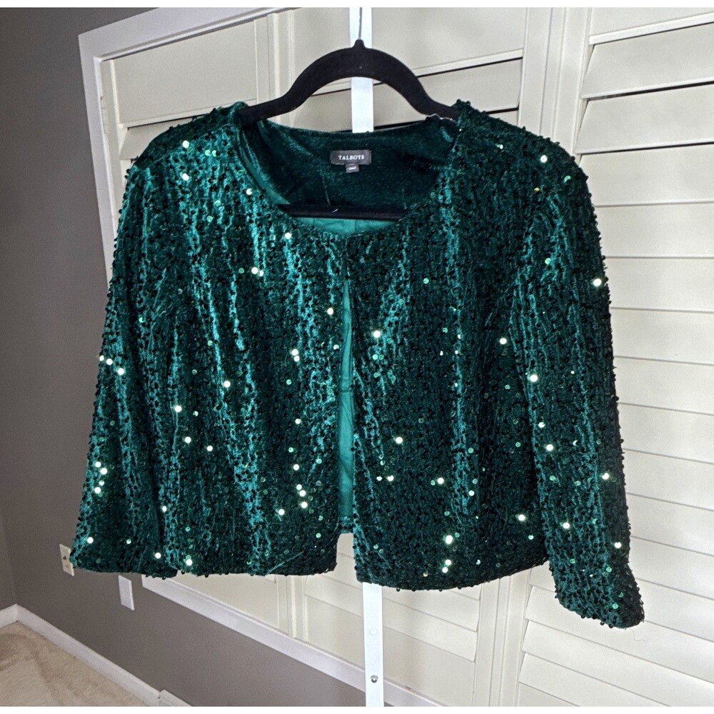 Talbots Green Sequin Jacket Hook & Eye Lined 3/4 Sleeve Short Women S